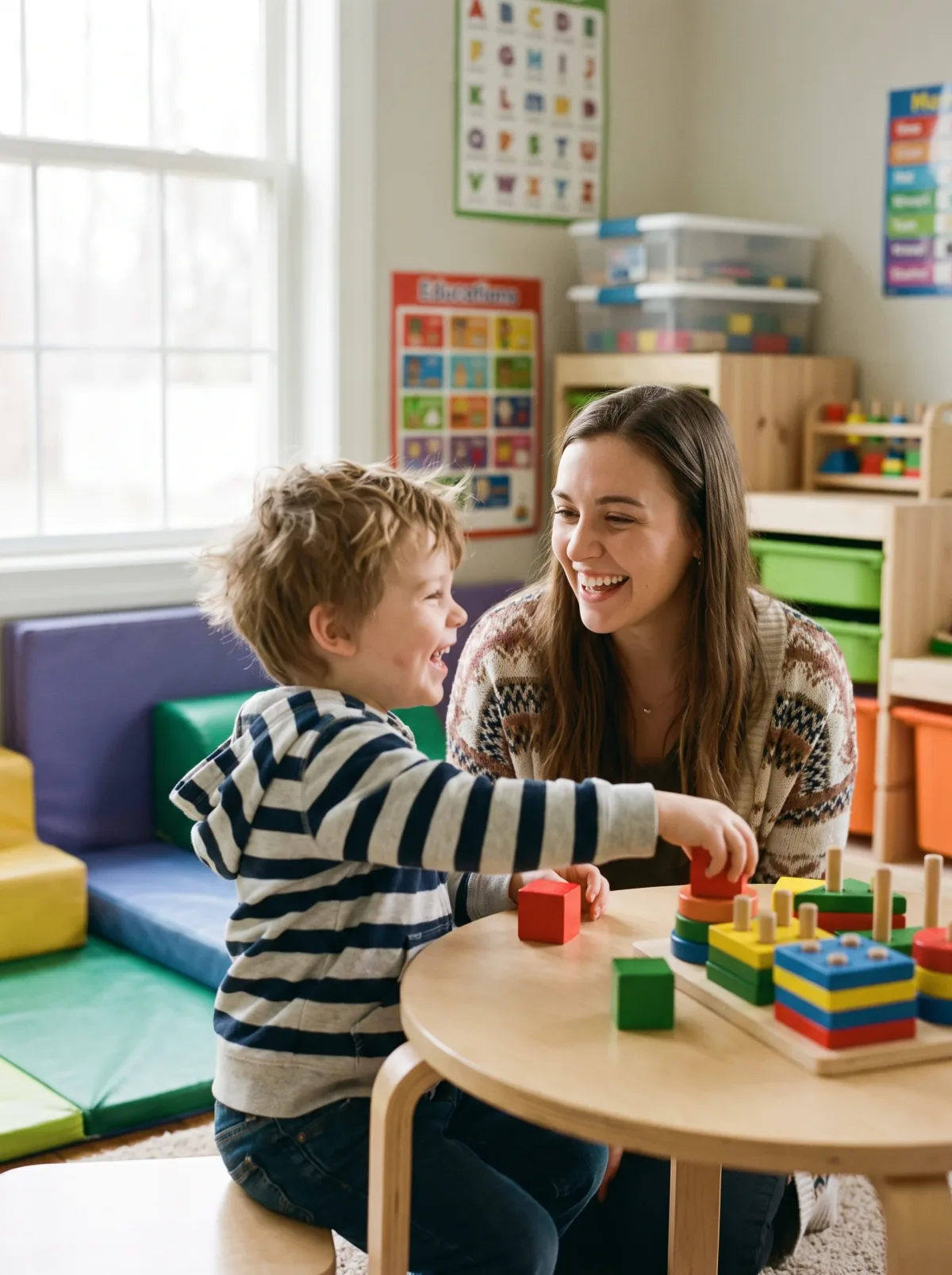 A therapist and a happy young child playing with blocks in a bright playroom